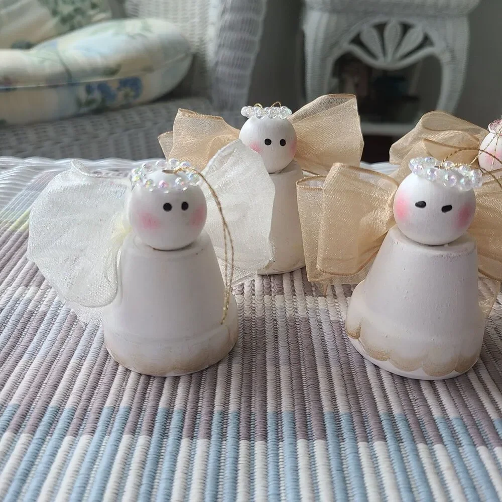 Vintage Handcrafted Mini Clay Pot Holiday Angel Ornaments - Set of 7 - Christmas